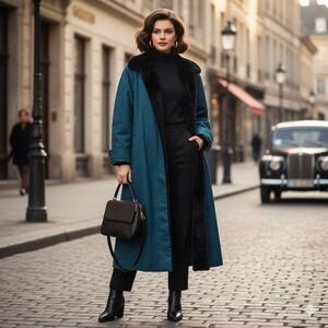 Vintage J.G. Hook 14 Petite Teal Cotton Blend‎ Black Faux Fur Lined Winter Coat